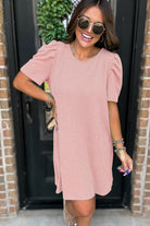 Blossom Corded Crew Neck Puff Sleeve Mini Dress Short Dresses 1d5c3c52ebe0602a