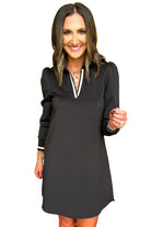 Black Striped Trim V Neck Collared Puff Sleeve Mini Dress Short Dresses 1d64f39bbdc5d49c