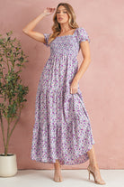 Purple Floral Short Bubble Sleeve Smocked High Waist Maxi Dress Maxi Dresses 1d718d23aa20925e