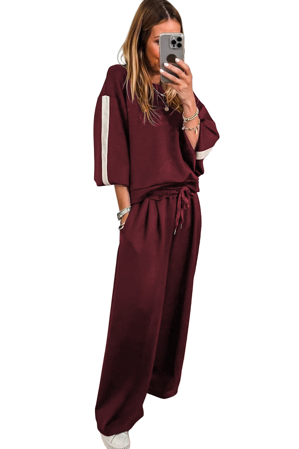 Burgundy Varsity Striped 3/4 Sleeve Pullover Drawstring Sweatpants Set Two Piece Pants Sets 1d9fab314579e8ca
