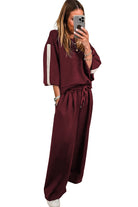 Burgundy Varsity Striped 3/4 Sleeve Pullover Drawstring Sweatpants Set Two Piece Pants Sets 1d9fab314579e8ca