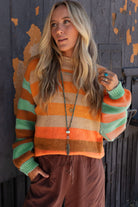 Orange Striped Colorblock High Neck Drop Shoulder Cozy Sweater Sweaters 1dafdf26701bced6