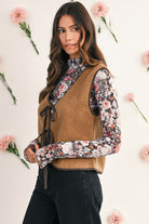 Light French Beige Fleece Tie Front Winter Vest Jackets 1dbfb27f22391d05