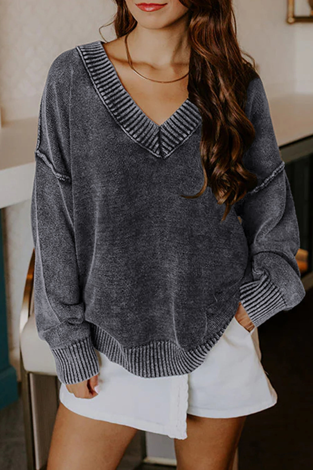 Black Mineral Wash V Neck Knit Exposed Seam Drop Shoulder Loose Sweater Sweaters 1dc172e548c0bcbc