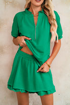 Pink Half Zip Puff Sleeve Top and Ruffle Shorts Set Two Piece Shorts Sets 1dc481a98b8b1d8d