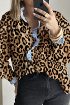 Brown Leopard Print Striped Frill Neck Button Long Sleeve Shirt Blouses 1dc64a35f94cc890