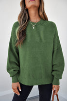 Vineyard Green Solid Color Mixed Textured Knitted Crew Neck Sweater Sweaters 1dc7af9d9b934ccd