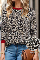 Brown Leopard Print Contrast Trim Round Neck Long Sleeve Top Long Sleeve Tops 1dca982d302b2527