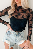 Black Mock Neck Floral Lace Mesh Long Sleeve Top Long Sleeve Tops 1de070c102fb5d2b