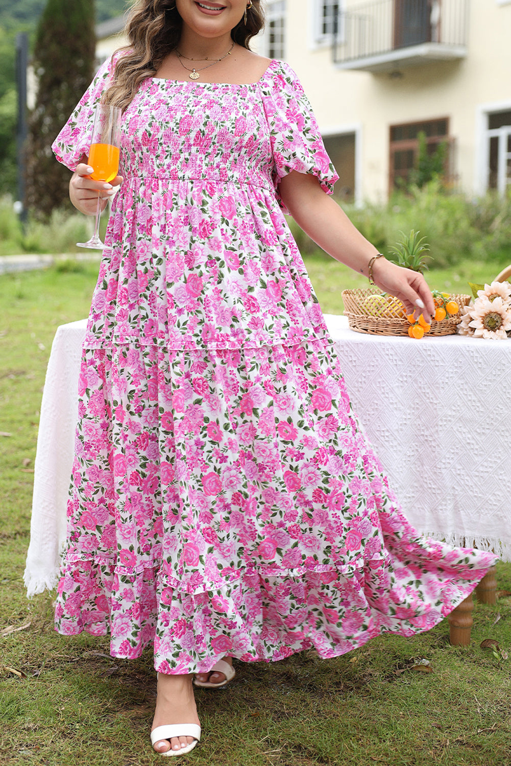 Pink Plus Size Floral Print Smocked Puff Sleeve Maxi Dress Plus Size Dresses 1e0324a37d31750f