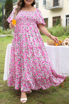 Pink Plus Size Floral Print Smocked Puff Sleeve Maxi Dress Plus Size Dresses 1e0324a37d31750f