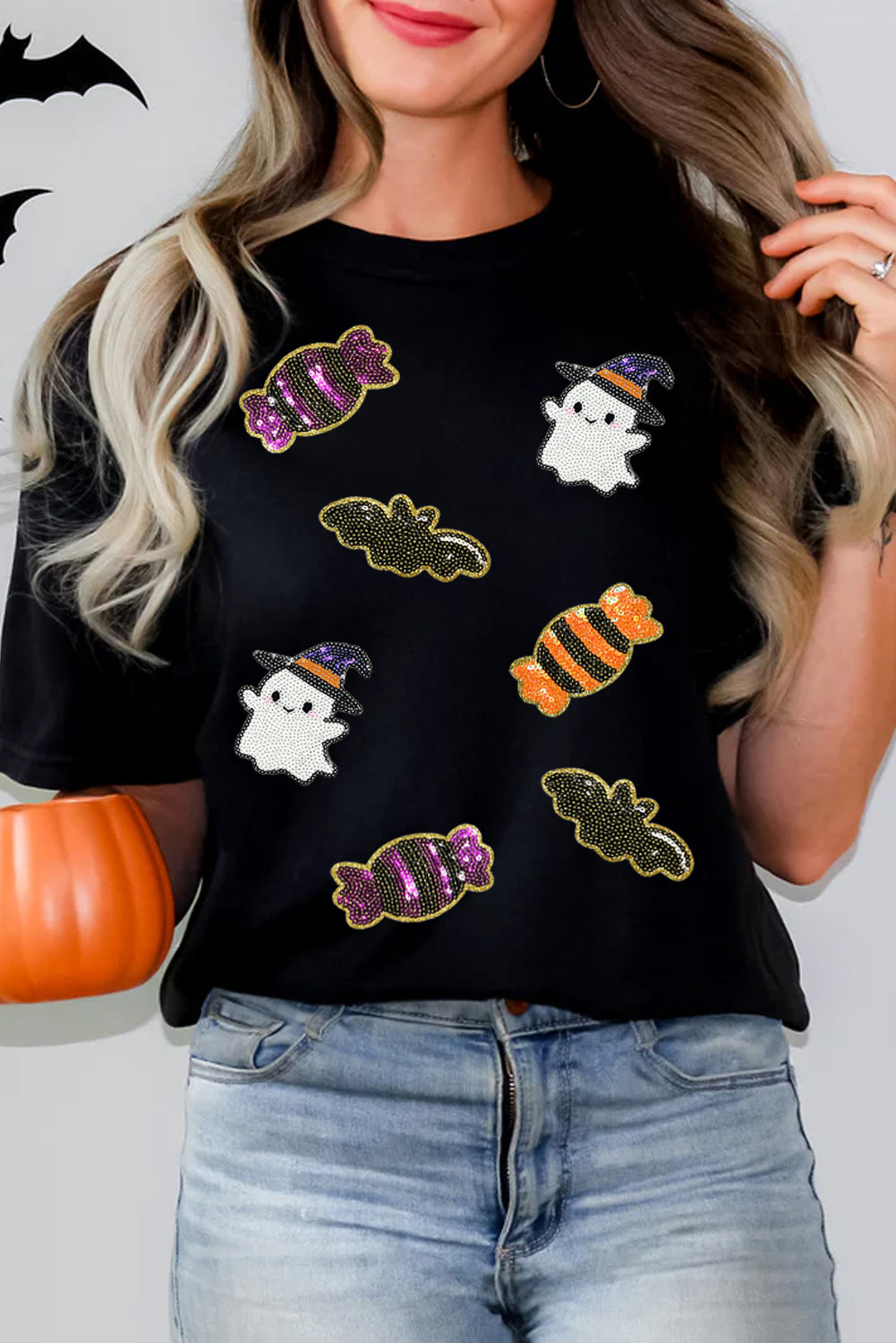 White Sequined Halloween Spirit Pattern Patched Custom Casual Tee Graphic Tees 1e3cb9644c06fd2c