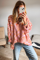 Orange Vibrant Abstract Print Drop Shoulder V Neck Oversized Sweater Sweaters 1e4aae523a585856