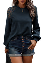 Real Teal Lace Patchwork Long Sleeve Textured Pullover Long Sleeve Tops 1e8269c3363fa3ee
