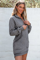 Dark Grey Zip up Collared Ribbed Patchwork Sweatshirt Dress with Pockets Mini Dresses 1e87d7c5b092f16b