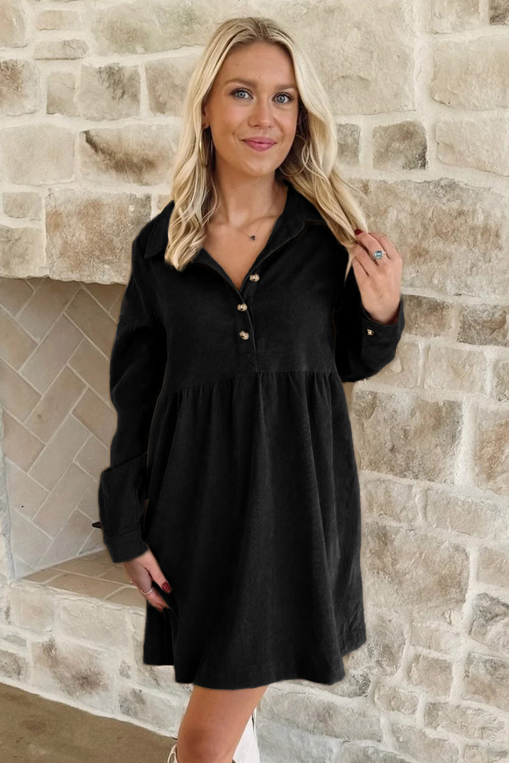 Black Corduroy Half Button Collared Long Sleeve Mini Dress Short Dresses 1e9c5dd6ddcff476