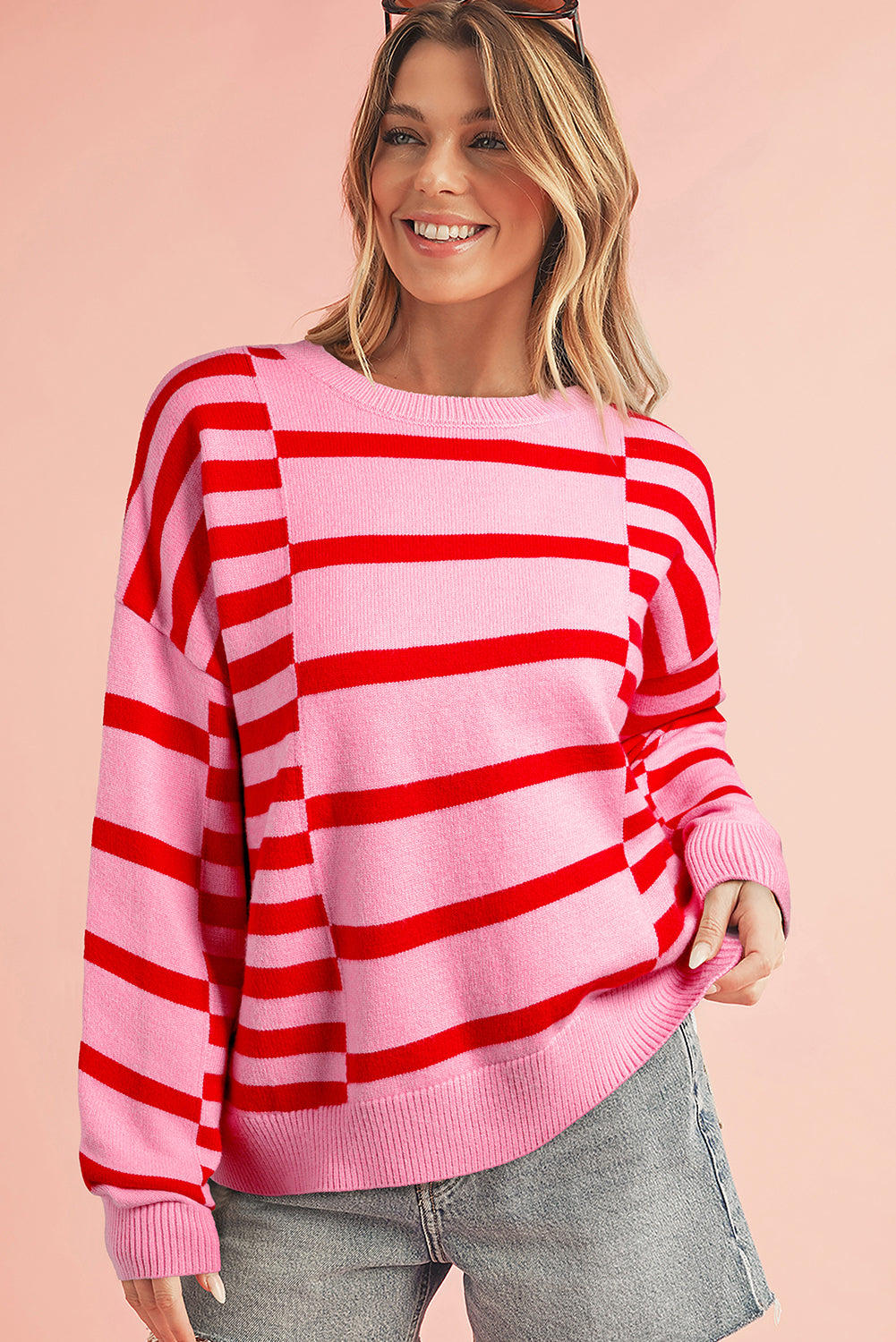 Pink Striped Crewneck Drop Sleeve Knit Sweater Sweaters 1ebae348892623cc