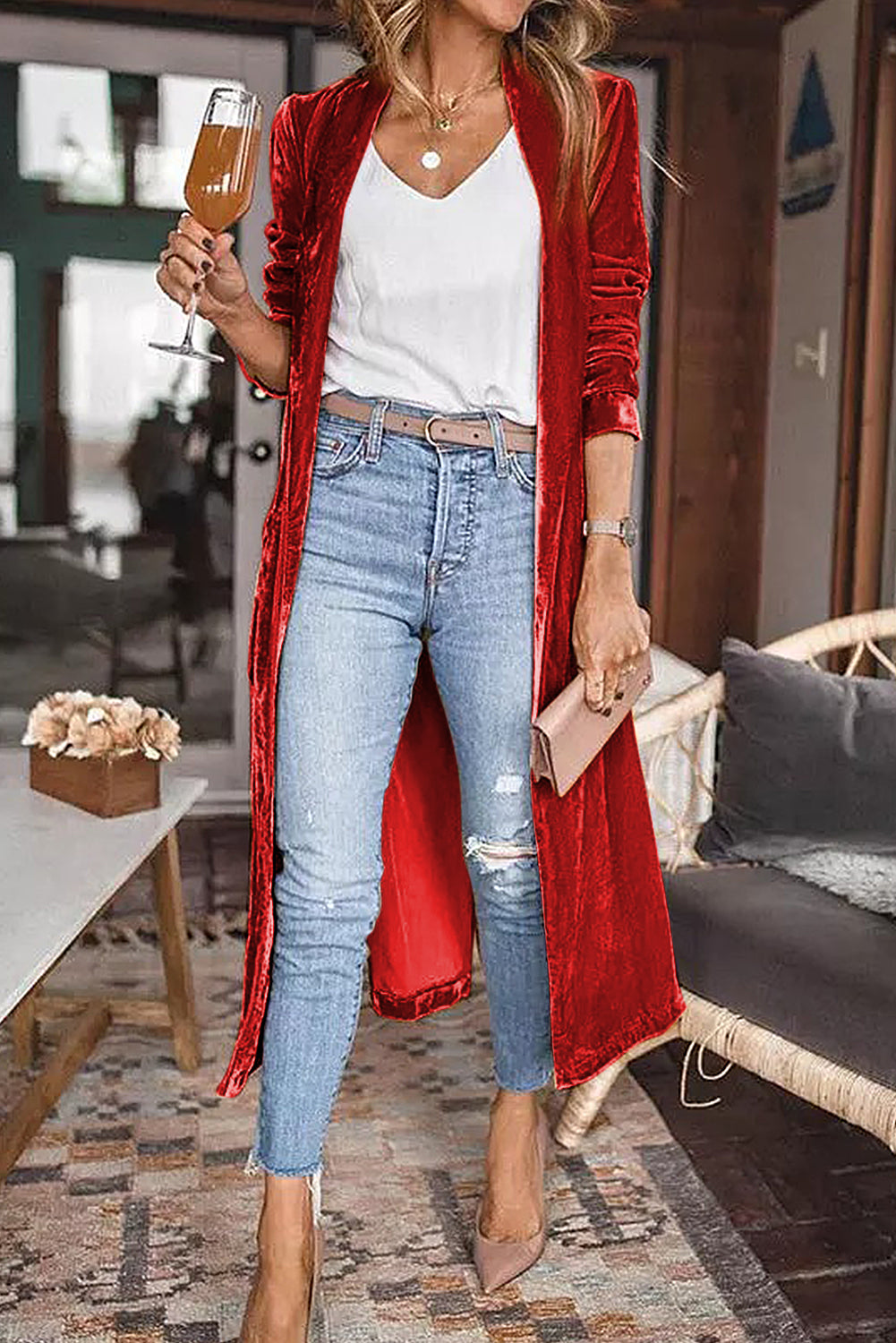 Red Velvet Elegant Open Front Pocket Long Cardigan Cardigans 1f1a2d5b7fc7d9af