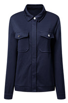 Navy Blue Solid Color Zip Up Button Flap Pocket Shirt Collar Jackets Jackets 1f3204eef919faaa
