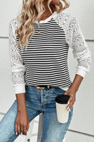 Black Stripe Textured Knit Patchwork Hollowed Lace Sleeve Top Long Sleeve Tops 1f39c97ac702131e