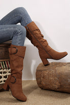 Coffee Suede Double Buckled Side Zipped Mid-calf Boots Boots 1f4ad648003b8da2