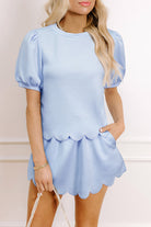 Beau Blue Puff Sleeve Pearl Embellished Scallop Hem 2-Piece Shorts Set Two Piece Shorts Sets 1f6b300e8e39129c