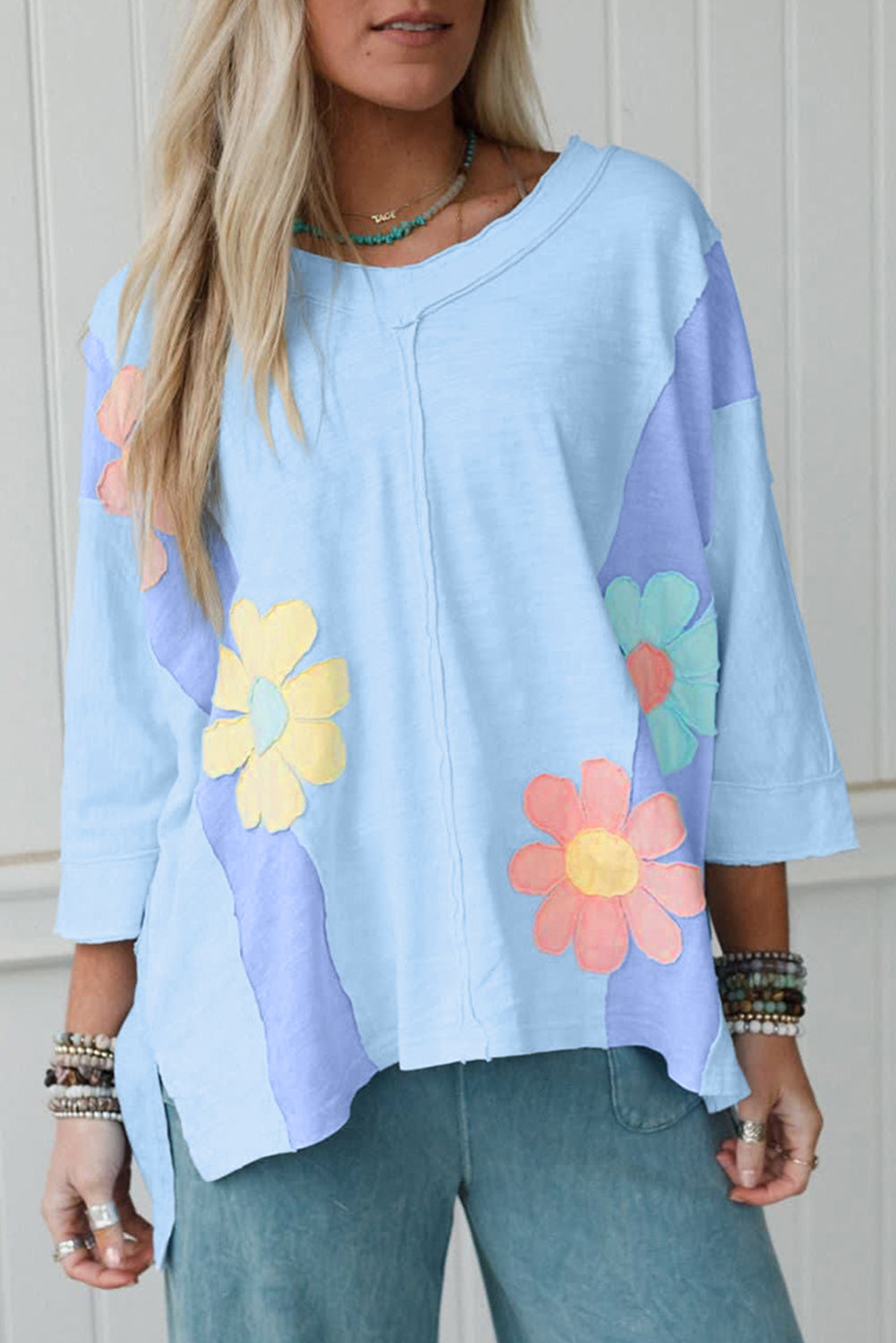 Light Blue Flower Patched Exposed Seam 3/4 Sleeve top Long Sleeve Tops 1fa3a3f365e5d017