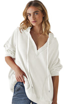 White Oversize Waffle Drop Shoulder Exposed Seam V Neck Hoodie Sweatshirts & Hoodies 1fb60ea76605fd7f
