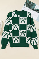 Blackish Green Bow Print Checkered Knit Sweater Sweaters 1fb8caf3ef0fa161