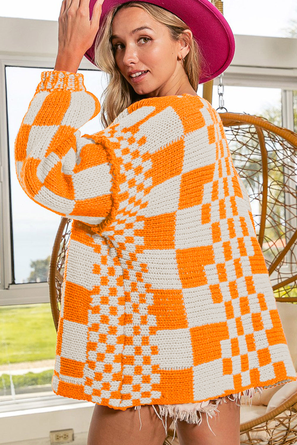 Orchid Petal Colorblock Checked Open Front Knitted Cardigan Cardigans 200421410a85de9e