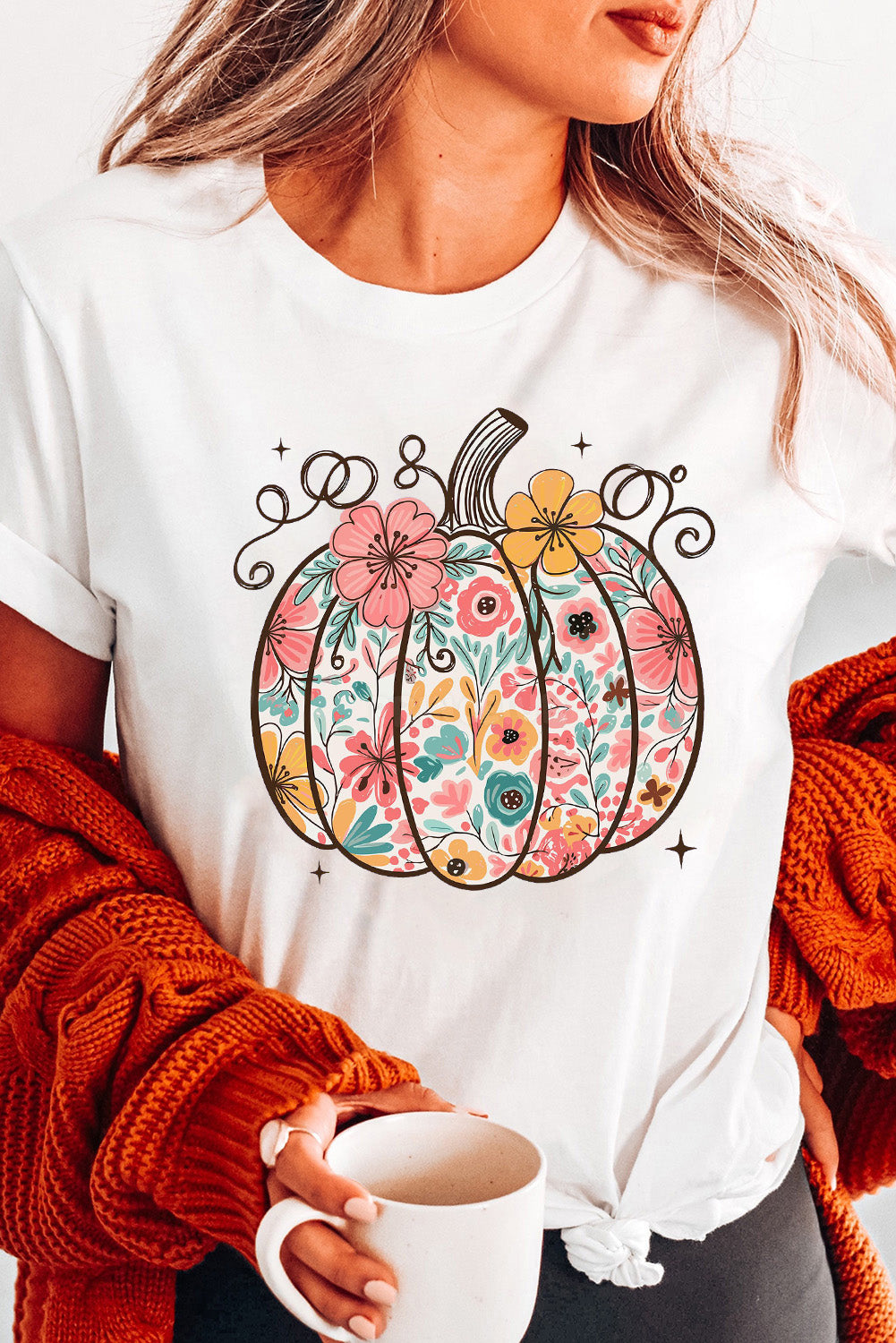 White Floral Pumpkin Heat Transfer Printing Cotton Blend T Shirt Graphic Tees 200e6ef6f40133ea