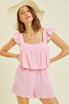 BeautybyShree Gauze Square Neck Romper with Mini Ruffles on the Shoulder in Pink