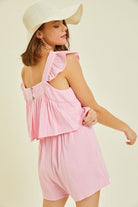 BeautybyShree Gauze Square Neck Romper with Mini Ruffles on the Shoulder in Pink