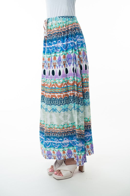 BeautybyShree Printed Elastic Waist Band Long Skirt with Tassels in Sage Combo