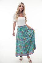 BeautybyShree Printed Elastic Waist Band Long Skirt with Tassels in Mint Combo