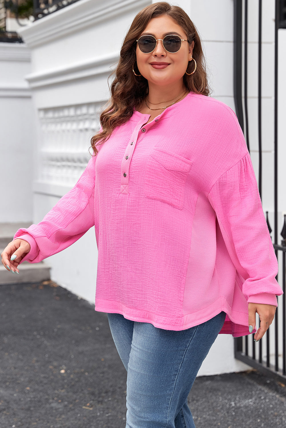 Bonbon Chest Pocket Crinkle Drop Sleeve Plus Size Henley Top Plus Size Tops 202c4462edc79a61