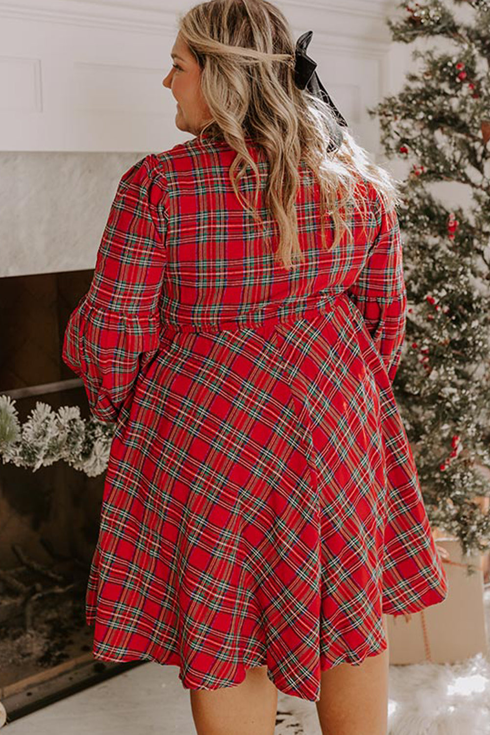 Red Plaid Half Button Long Sleeve Holiday Plus Size Dress Plus Size Dresses 203d7f41895bf12f