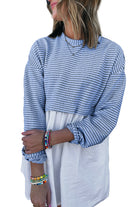 Sky Blue Stripe Patchwork Pleated High Waist Loose Mini Dress Short Dresses 204c3219274614fe