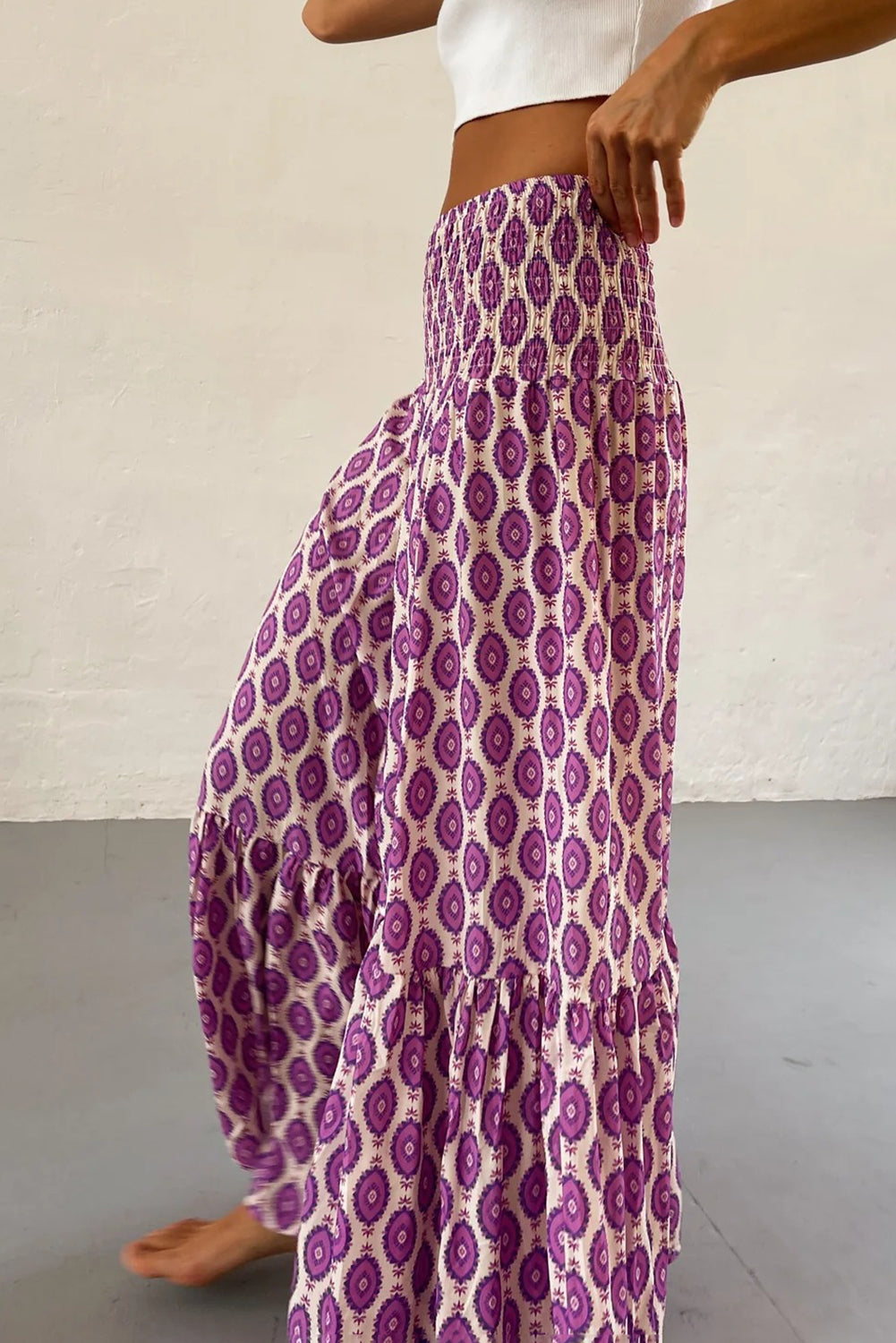 Purple Abstract Print Smocked Waist Maxi Skirt Skirts 205b29c19db8bc9e