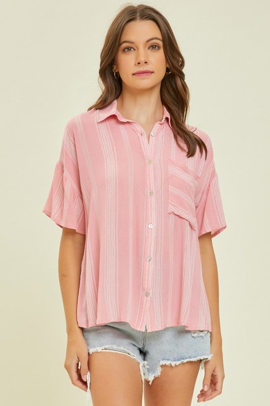 BeautybyShree Light Airy Stripe Gauze Button Down Shirt in Pink