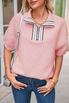 Light Pink Puff Sleeve Zipper Pop of Color Neckline Blouse Blouses 207355ee64d0efaa