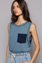 BeautybyShree Round Neck Sleeveless Pocket Front Solid Top in Denim