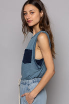 BeautybyShree Round Neck Sleeveless Pocket Front Solid Top in Denim