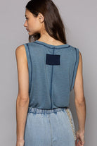 BeautybyShree Round Neck Sleeveless Pocket Front Solid Top in Denim