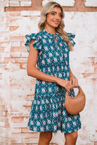Blue Retro Floral Print Split Neck Ruffle Short Sleeve Dress Short Dresses 20798d3248989f09