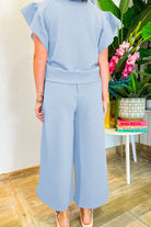 Beau Blue Textured Ruffle Sleeve Zipped Top and Wide Leg Pants Set Two Piece Pants Sets 2079ccb675d5e9eb