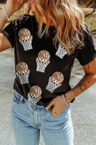 Black Sequin Basketball Patched Graphic Game Day T Shirt Graphic Tees 208d2f827286d0e3