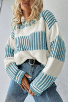 Khaki Two Tone Striped Patchwork Drop Shoulder Sweater Sweaters 208dc3638fdcd6aa
