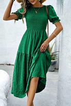 Dark Green Solid Textured Shirred High Waist Midi Dress Midi Dresses 209c246c3d238ea6