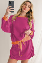 Evergreen Contrast Trim Loose Pullover and Lace-up Waist Skort Set Two Piece Shorts Sets 20b0a09447960aed